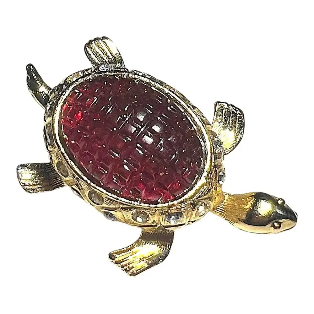 Elegant Gold tone with carved Red stone & Rhinestones Tiny Turtle Brooch